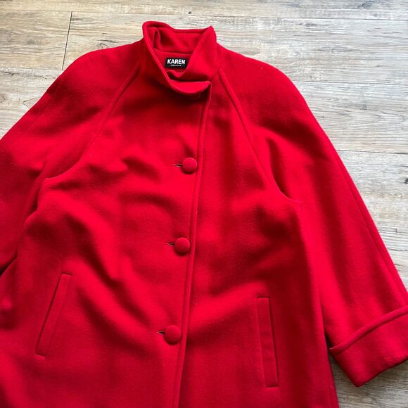 Karen Wool Trench Women's XL Coat Button Red Holiday Vintage 80s Long Pockets - Picture 4 of 11